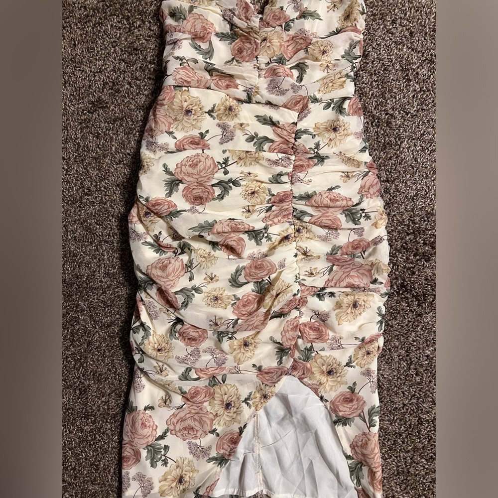 Vici Floral Ruched Midi Dress in Cream with Pink & Green Accents - Picture 11 of 16